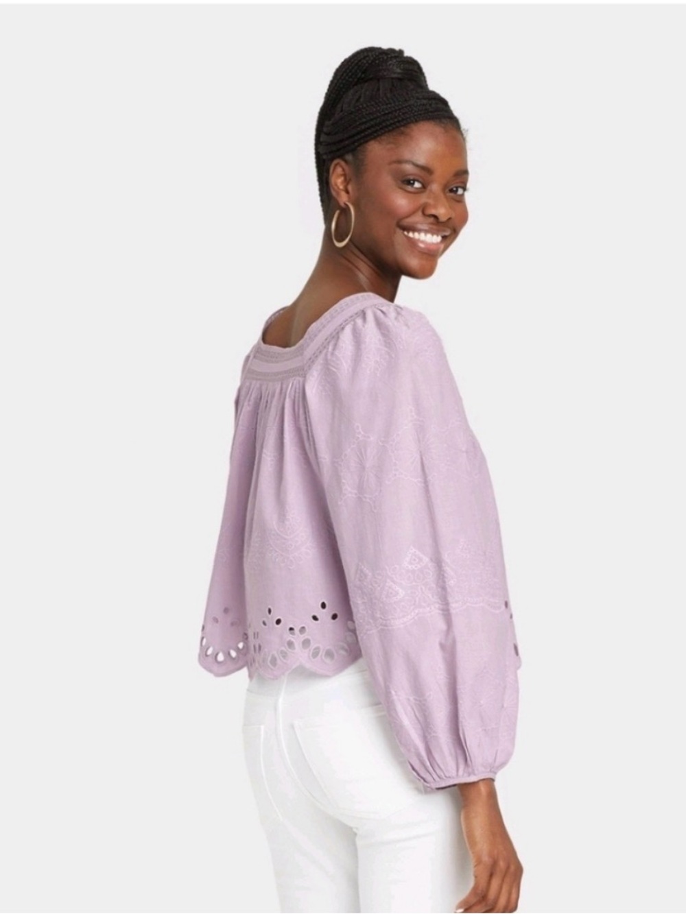 Pastel Purple Bishop Sleeve Blouse Cottagecore Prairie Square Neck Eyelet XS - Picture 3 of 13